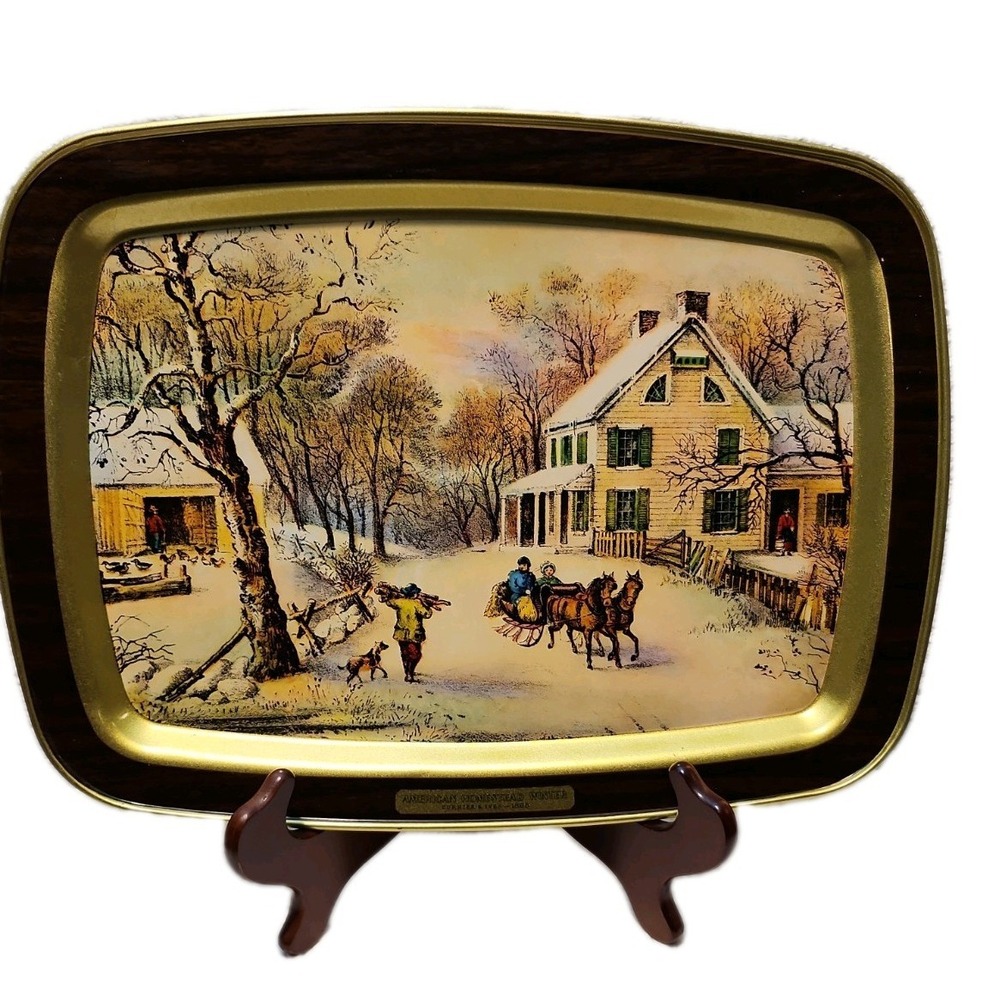 Currier & Ives Rectangular Tray  "American Homestead Winter" Metal Serving Tray